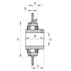 軸承座單元 RRY30-VA, 帶三個/四個螺栓孔的法蘭的軸承座單元，沖壓鋼板，內圈帶平頭螺釘，R型密封， 耐腐蝕保護，無再潤滑結構