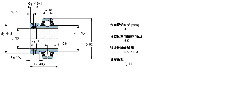 SKF Y-型立式軸承座單元, 沖壓鋼軸承座，偏心鎖緊定軸環(huán), 公制軸承YEL206-2F樣本圖片