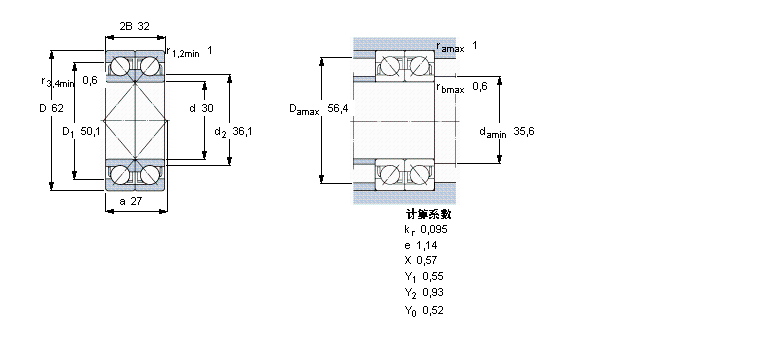 SKF 角接觸球軸承, 單列，用于配對(duì)安裝, 面對(duì)面配對(duì)2×7206BECBY樣本圖片