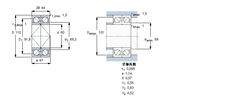 SKF 角接觸球軸承, 單列，用于配對安裝, 面對面配對2×7212BECBY樣本圖片