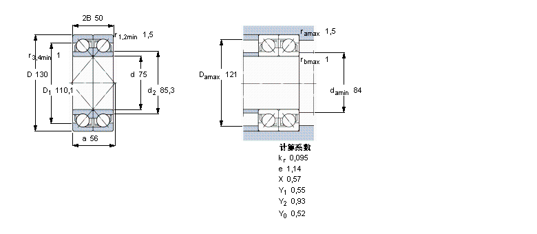 SKF 角接觸球軸承, 單列，用于配對安裝, 面對面配對2×7215BECBJ樣本圖片