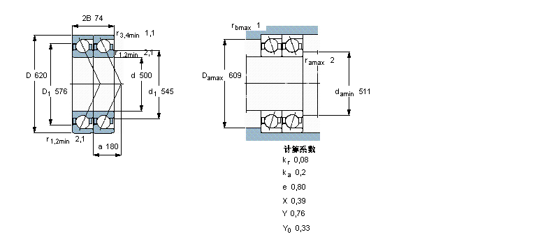 SKF 角接觸球軸承, 單列，用于配對安裝, 前后配對2×708/500AGMB樣本圖片