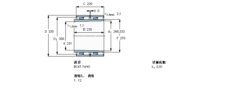 SKF 圓柱滾子軸承, 四列, BC4T.7, 圓錐型內孔, 延長內圈寬度312943C樣本圖片