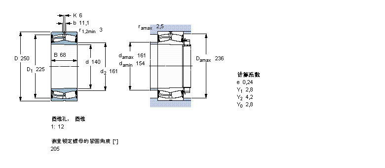 SKF 球面滾子軸承, 圓柱和圓錐孔, 圓錐型內孔, 兩面密封件22228-2CS5K/VT143樣本圖片