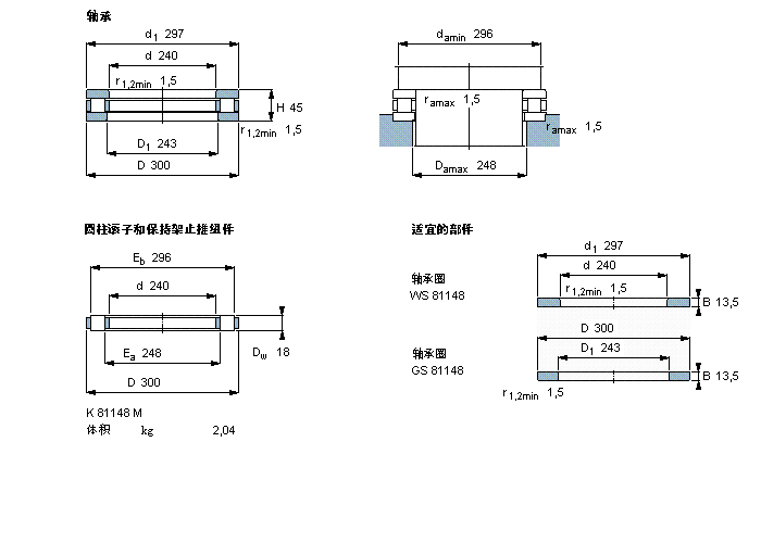 SKF 圓柱滾子推力軸承, 軸承 / 圓柱滾子和保持架止推組件81148M樣本圖片