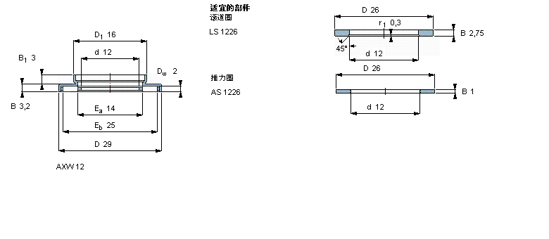 SKF 滾針推力軸承, 滾針與保持架推力組件 and bearings with centring spigot, with a centring spigotAXW12樣本圖片