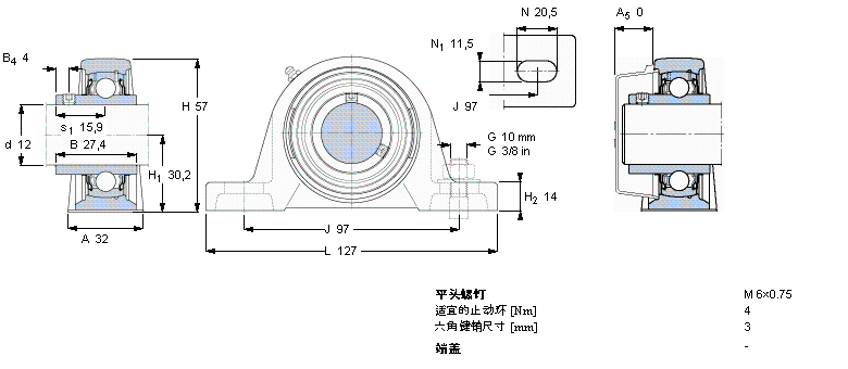SKF Y-型立式軸承座單元, 鑄造軸承座，平頭螺釘鎖緊定, 公制軸承SY12TF樣本圖片