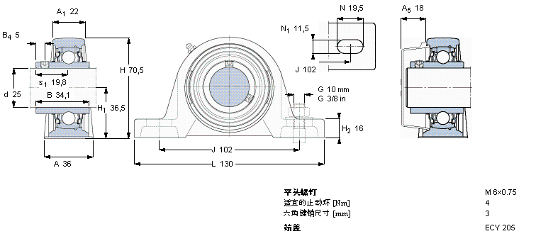 SKF Y-型立式軸承座單元, 鑄造軸承座，平頭螺釘鎖緊定, 公制軸承SY25TR樣本圖片