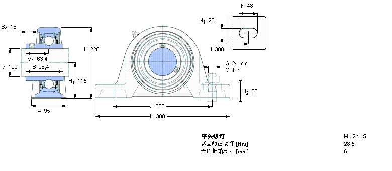 SKF Y-型立式軸承座單元, 鑄造軸承座，平頭螺釘鎖緊定, 公制軸承SYJ100TF樣本圖片