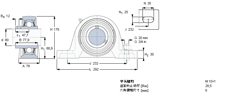 SKF Y-型立式軸承座單元, 鑄造軸承座，平頭螺釘鎖緊定, 公制軸承SYJ80TF樣本圖片