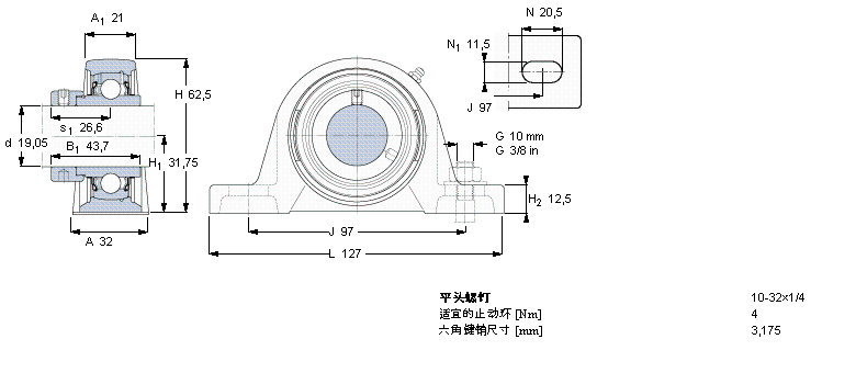 SKF Y-型立式軸承座單元, 鑄造軸承座，偏心鎖緊定軸環, 英制軸承SYH3/4WF樣本圖片