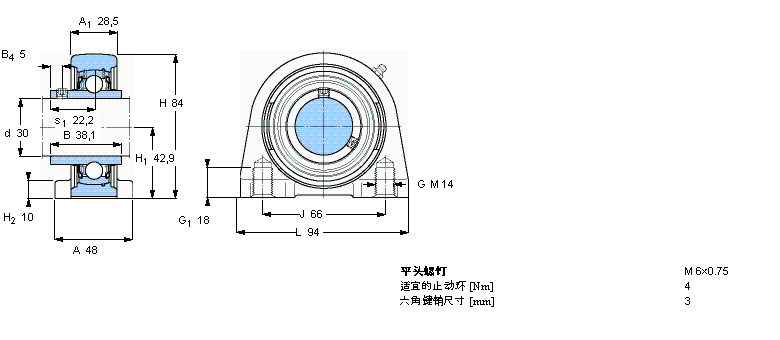 SKF Y-型立式軸承座單元, 短基座鑄造軸承座，平頭螺釘鎖定SYFJ30TF樣本圖片