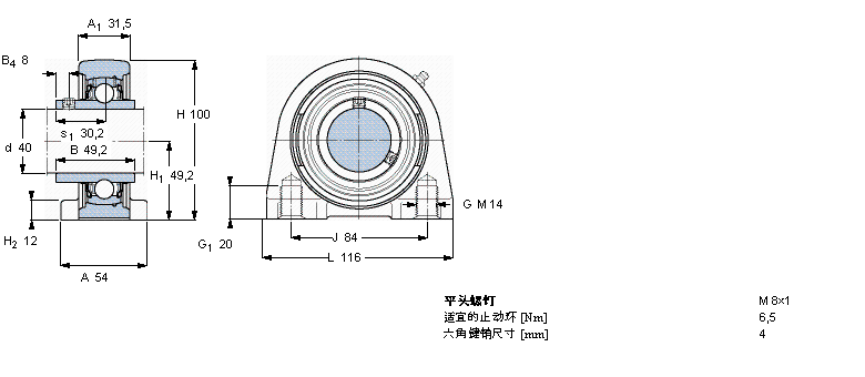 SKF Y-型立式軸承座單元, 短基座鑄造軸承座，平頭螺釘鎖定SYFJ40TF樣本圖片