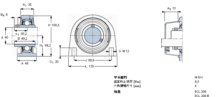 SKF Y-型立式軸承座單元, 短基座聚酯軸承座，平頭螺釘鎖定，可用于食品行業(yè)的滑脂, 公制軸承SYFL40TR/VE495樣本圖片