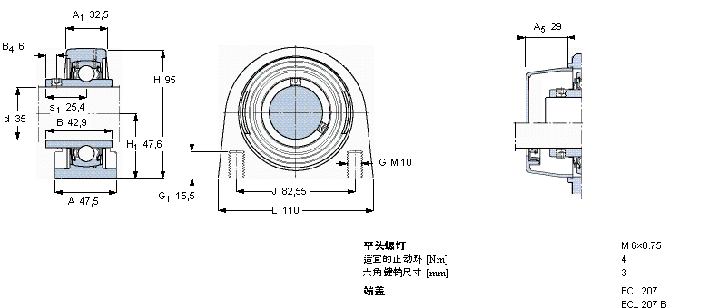 SKF Y-型立式軸承座單元, 短基座聚酯軸承座，平頭螺釘鎖定，可用于食品行業的滑脂, 公制軸承SYFL35TR/VE495樣本圖片
