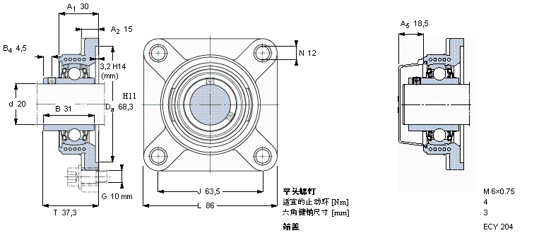 SKF Y-型軸承帶法蘭單元, Y-技術，方軸承座，平頭螺釘鎖定FYK20TR樣本圖片