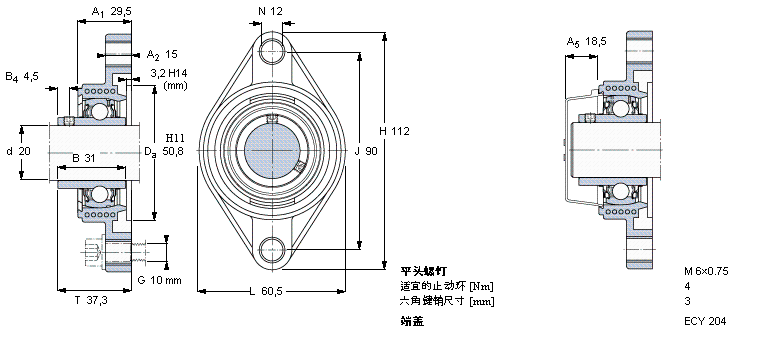 SKF Y-型軸承帶法蘭單元, Y-技術，橢圓軸承座，平頭螺釘鎖定FYTBK20TF樣本圖片