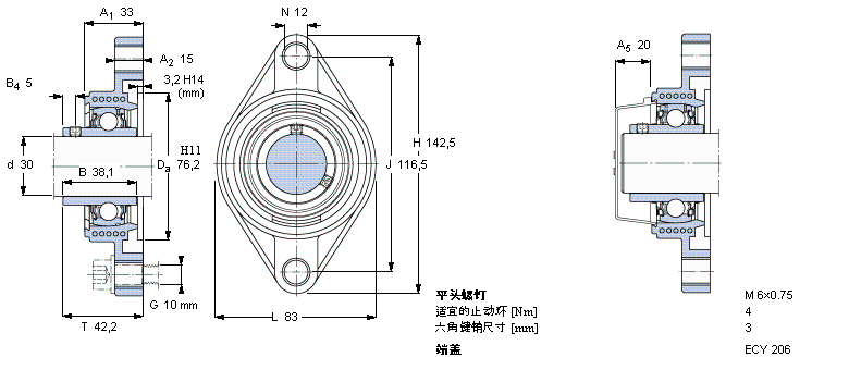 SKF Y-型軸承帶法蘭單元, Y-技術，橢圓軸承座，平頭螺釘鎖定FYTBK30TF樣本圖片