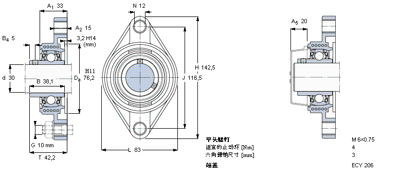 SKF Y-型軸承帶法蘭單元, Y-技術，橢圓軸承座，平頭螺釘鎖定FYTBK30TR樣本圖片