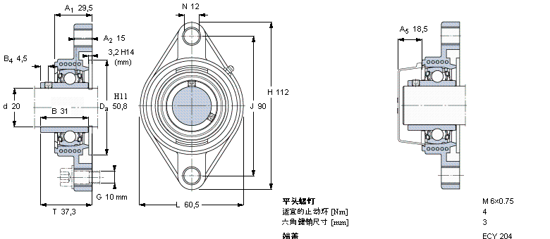 SKF Y-型軸承帶法蘭單元, Y-技術，橢圓軸承座，平頭螺釘鎖定，食品級用油脂FYTBKC20NTR/VE495樣本圖片