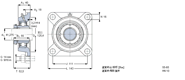 SKF Y-型軸承帶法蘭單元, 方形鑄造軸承座，緊定套, 英制軸承FYJ50KF樣本圖片