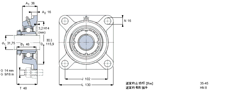 SKF Y-型軸承帶法蘭單元, 方形鑄造軸承座，緊定套, 英制軸承FYJ40KF樣本圖片