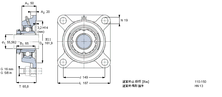 SKF Y-型軸承帶法蘭單元, 方形鑄造軸承座，緊定套, 英制軸承FYJ65KF樣本圖片