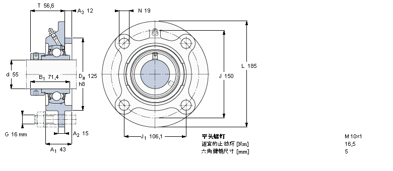 SKF Y-型軸承帶法蘭單元, 圓形鑄造軸承座，偏心鎖定軸環FYC55WF樣本圖片